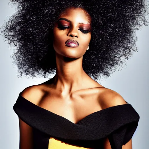 Prompt: close up of a black female fashion model with huge hair in year 3000 with edgy shape black dress, photography , Vogue editorial , highly detailed