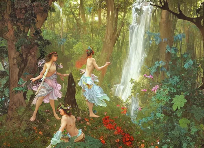 Image similar to bird's eye view, magical forest with a waterfall, lush trees, three fairies dancing around a maypole, magical, vivid colors, rule of thirds, a fantasy digital painting by alphonse mucha and john william waterhouse, trending on artstation, highly detailed, sharp lines