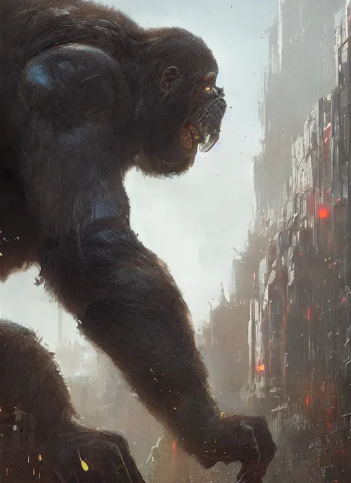 Image similar to cyborg king kong, greg rutkowski, 8 k, shallow depth of field, intricate detail, concept art,