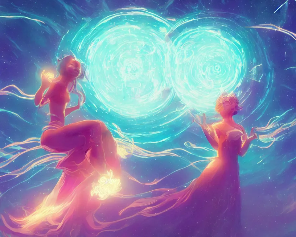 Image similar to a beautiful whimsical goddess floating above a lake basking in the moonlight, firebending, underneath a multi-colored binary blackhole with an accretion disc, glowing trails following her arms, synthwave, by Lois van Baarle, by Greg Rutkowski, by artgerm, by beeple, by studio ghibli, cinematic angle, volumetric lighting, 4k resolution, octane render, trending on artstation, masterpiece