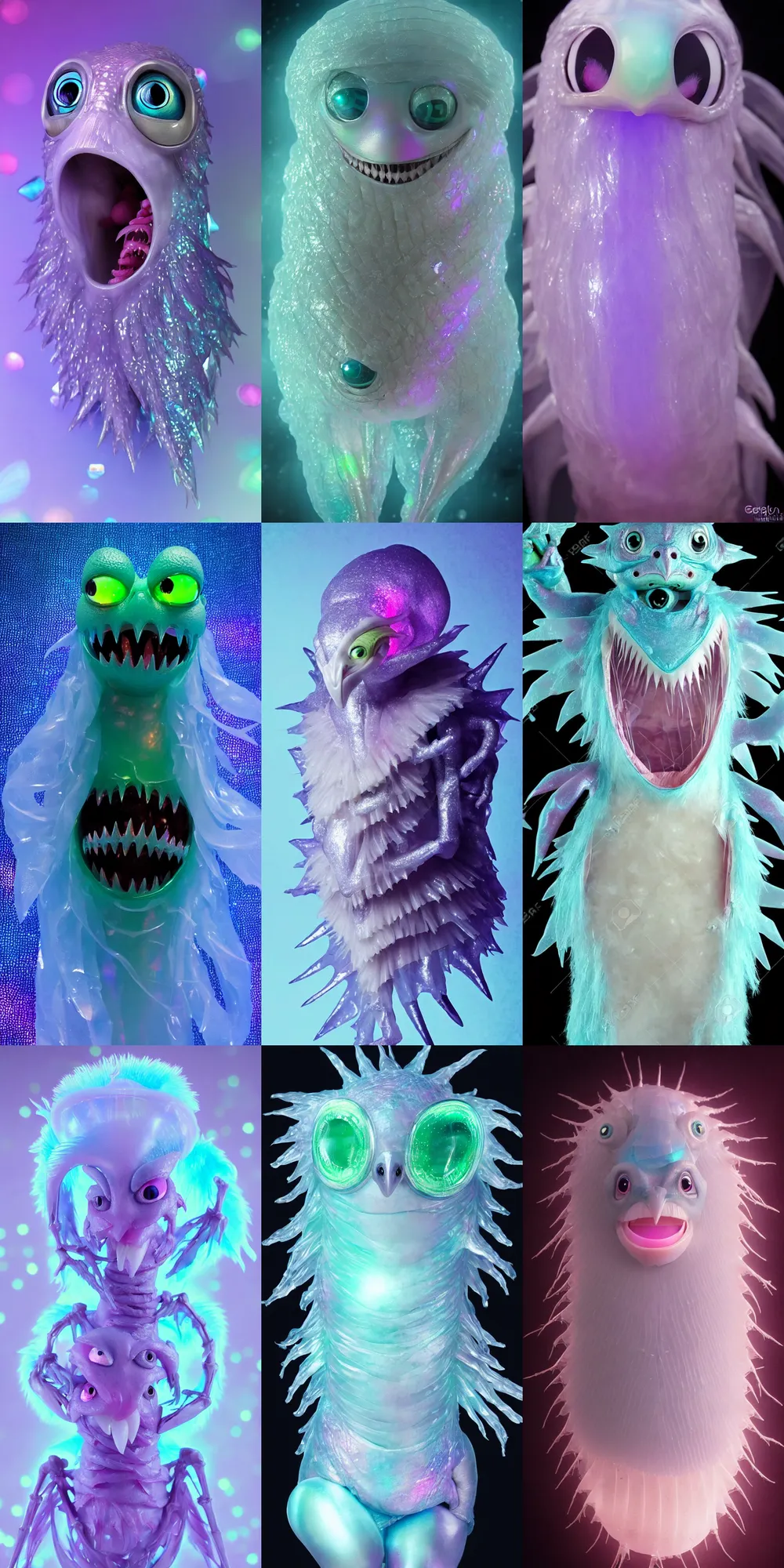 Prompt: kawaii image of a silly bashful scifi saliva skeksis creature, super adorable, soft iridescent membranes, gaping gills and baleen, translucent skin shows cute skeletal details in front of dark pastel bokeh lights, eerie, occult, gelatinous with wittle tiny teeth