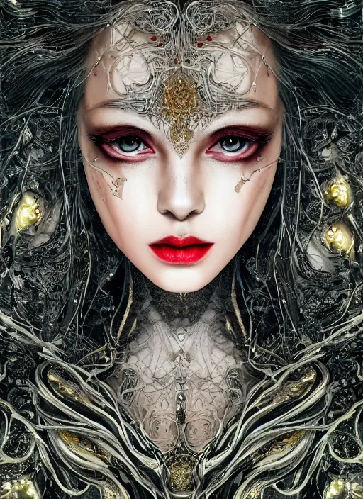 Image similar to glowing silver and golden elements, full close-up portrait, dark witch from freepik, book cover, green forest, white moon, red lips, establishing shot, extremly high detail, photo-realistic, cinematic lighting, pen and ink, intricate line drawings, by Yoshitaka Amano, Ruan Jia, Kentaro Miura, Artgerm, post processed, concept art, artstation, matte painting, style by eddie mendoza, raphael lacoste, alex ross