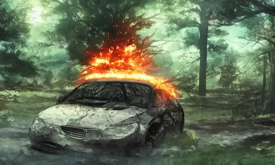 Image similar to a car exploding in a forest, anime style, highly detailed