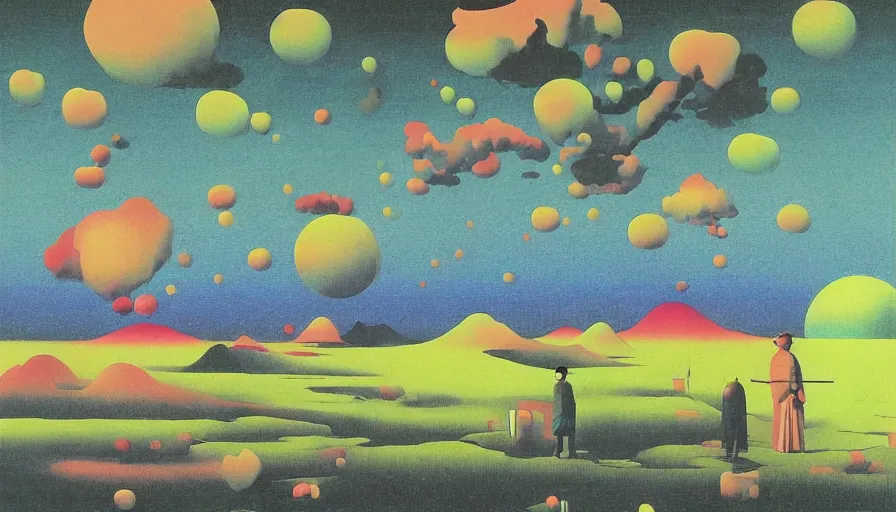 Image similar to Japan rural splendor travel and tourism c2050, surrealist psychedelic collage painting in the style of Magritte, Roger Dean, Yoshio Awazu, muted deep neon color