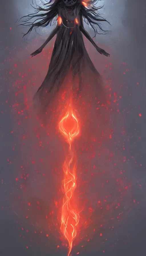 Prompt: 'Portrait of Beautiful faceless female elemental made of black fire, looking sideways, with no face, with red halo glowing out of her wrists, growing out of a giant rose, rose petals flying in the wind, fantasy, d&d, tragic, tense, digital painting, artstation, indieground, concept art, sharp focus, by Annie Swynnerton and Nicholas Roerich, madness combat, strong dramatic cinematic lighting , blood red sky, grey skin, smooth, sharp focus, extremely detailed, illustration, art by greg rutkowski, dave kendal, Godmachine, alphonse mucha''