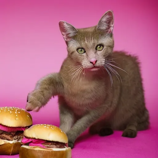 Image similar to photo of a pink cat with pink fur, eating a hamburger, biting a hamburger-C 12