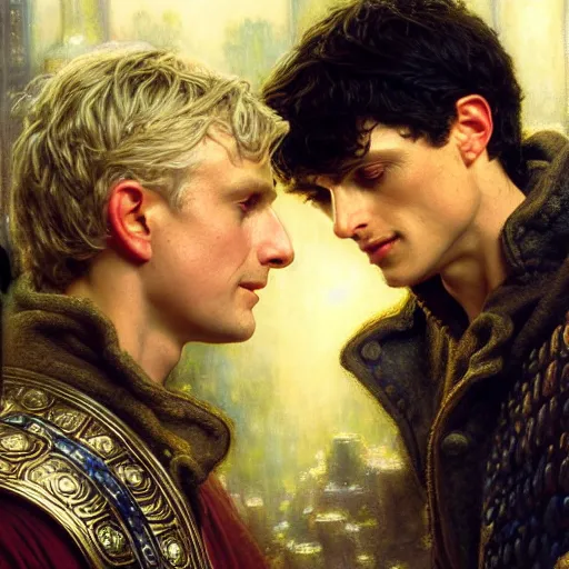 Prompt: arthur pendragon and merlin. close up of their faces. natural lighting. highly detailed painting by gaston bussiere, j. c. leyendecker, greg rutkowski 8 k