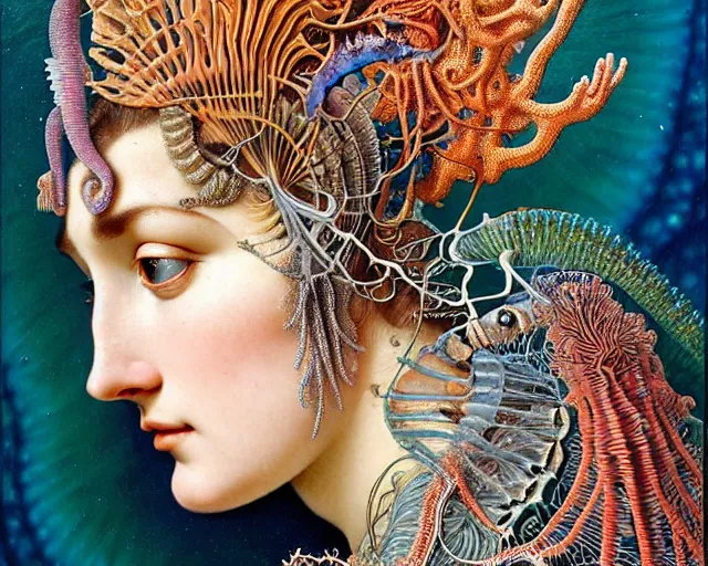 Image similar to hyperrealistic detailed face side portrait of the beautiful goddess of the fish skeletons with an intricate headgear of corals, sea kelp, sea plants, fish, starfish, jellyfish, art by ernst haeckel, john william godward, android jones, alphonso mucha, h. r. giger, gothic - cyberpunk, ornamental, beautiful deep colours,