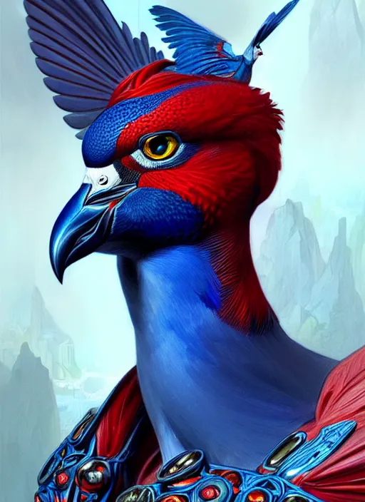 Image similar to portrait of aggressive pigeon humanoid, d & d, muscular! blue and red, fantasy, intricate, elegant, highly detailed, digital painting, artstation, concept art, smooth, sharp focus, illustration, art by artgerm and greg rutkowski and alphonse mucha