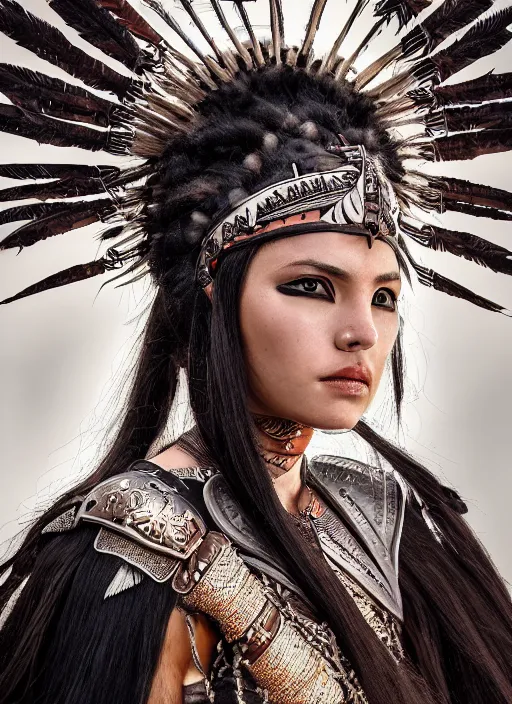 Image similar to hyper detailed image of an Redskin warrior princess wearing a headdress, intricate, elegant, long black hair, hd, 8k, muted colors,