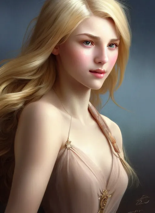 Image similar to beautiful feminine face! portrait of young woman blessed by god with ever - increasing physical mental perfection, blonde hair, symmetrical! intricate, elegant, highly detailed, holy perfection!! smile, plush lips, digital painting, artstation, concept art, smooth, sharp focus, illustration, art by artgerm and greg rutkowski and alphonse mucha