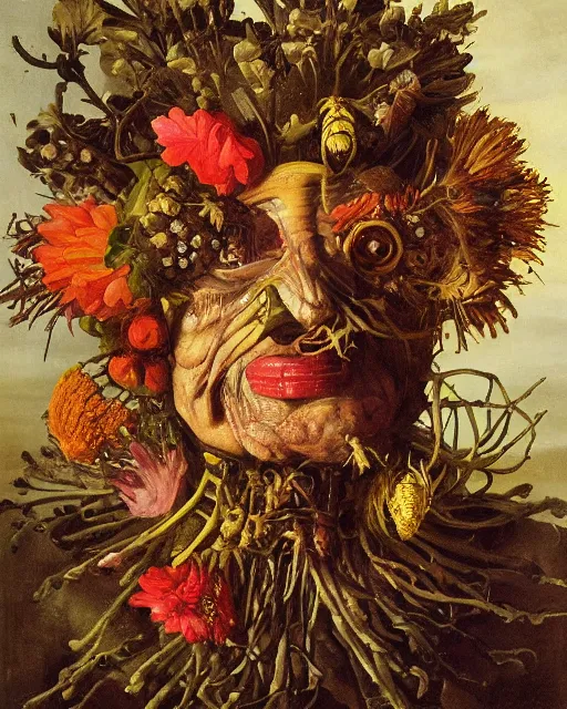 Prompt: oil painting portrait of a mutant man with a strange disturbing face made of flowers and insects by otto marseus van schriek rachel ruysch christian rex van minnen dutch golden age