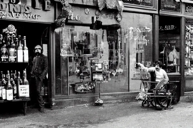 Prompt: peter dinklage robbing a liqour store, in the style of eugene atget and peter witkin