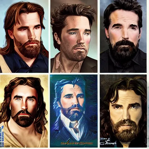 Image similar to Val Kilmer, George Clooney, Christian Bale, Ben Affleck, Robert Pattinson pre-raphaelite portrait, artgerm JSC, J. Scott Campbell