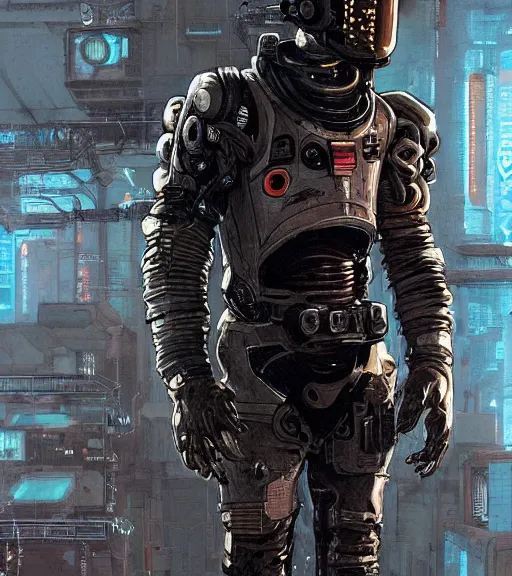 Image similar to realistic cyberpunk engineer with long limbs and a black spacesuit on a spacewalk, techwear, dead space, visible face, Industrial Scifi, detailed illustration, character portrait, by Ashley Wood and Moebius