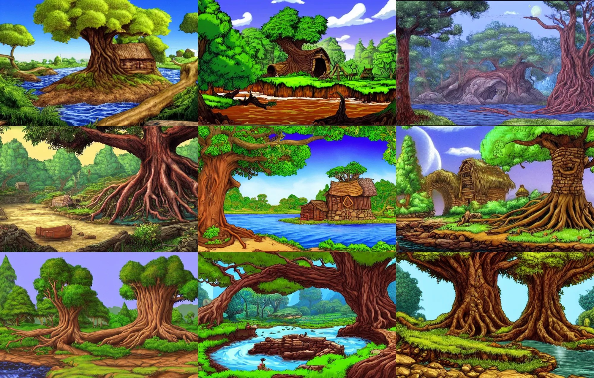 Prompt: giant tree with giant roots next to a river with a small house and waterwheel built into the bottom of the tree, from a fantasy point and click 2 d graphic adventure game, art inspired by john shroades, king's quest, sierra entertainment games, colorful landscape painting