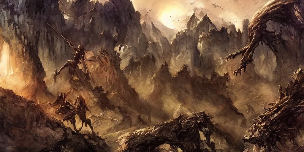 Image similar to epic fantasy landscape in the style of frank frezetta,