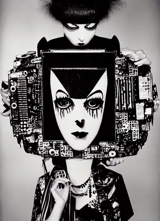 Image similar to Portrait of a punk goth fashion fractal alien girl with a television head wearing kimono made of circuits and leds, surreal photography by Man Ray