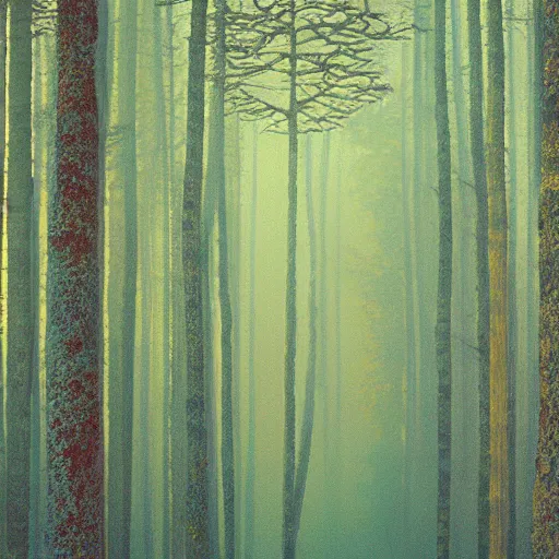 Prompt: a dark foggy golden blue forest, eerie, pulsating , Ernst Haeckel, Klimt, Henri Rousseau, film still by wes anderson