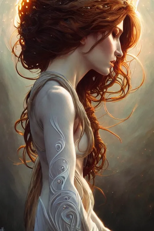 Image similar to white witch crafting magic spells, side view, crafting spells, bright witch, fantasy, chaos, magic, dark magic, dramatic lighting, intricate, wild, highly detailed, digital painting, artstation, concept art, smooth, sharp focus, illustration, art by artgerm and greg rutkowski and alphonse mucha