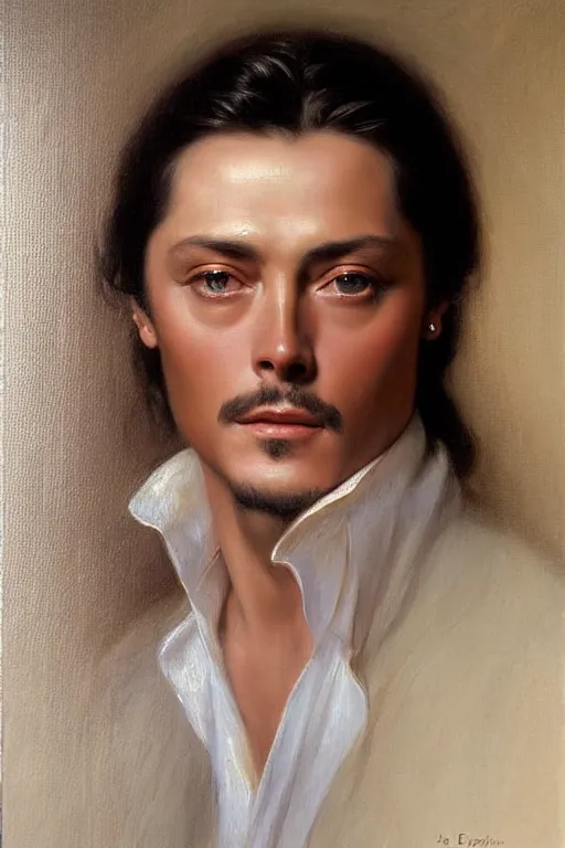 Image similar to portrait en buste alain delon by mark arian, by hughes merle, by pierre auguste cot, perfectly detailed eyes oil on canvas, masterpiece, realism,