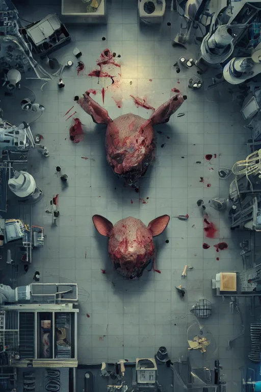 Image similar to top view of many mechanics in lab facility looking at bloody disney mouse head lifted by claw, made by beeple, cgsociety, artgerm, greg rutkowski, highly detailed intricate 4 k art, low light cinematic, octane render, unreal engine, smooth concept art