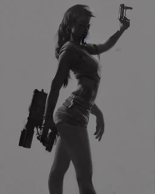 Image similar to Hyper realistic painting of a girl holding a gun, noir, hyper detailed, by greg rutkowski, trending on artstation