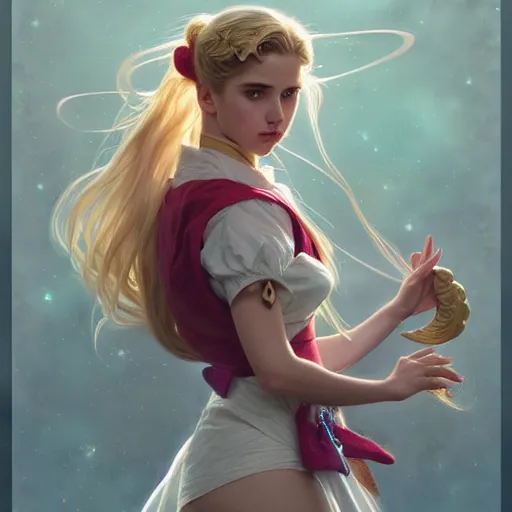 Image similar to Blonde Margaret Qualley as Sailor Moon, western, D&D, fantasy, intricate, elegant, highly detailed, digital painting, artstation, concept art, matte, sharp focus, illustration, art by Artgerm and Greg Rutkowski and Alphonse Mucha