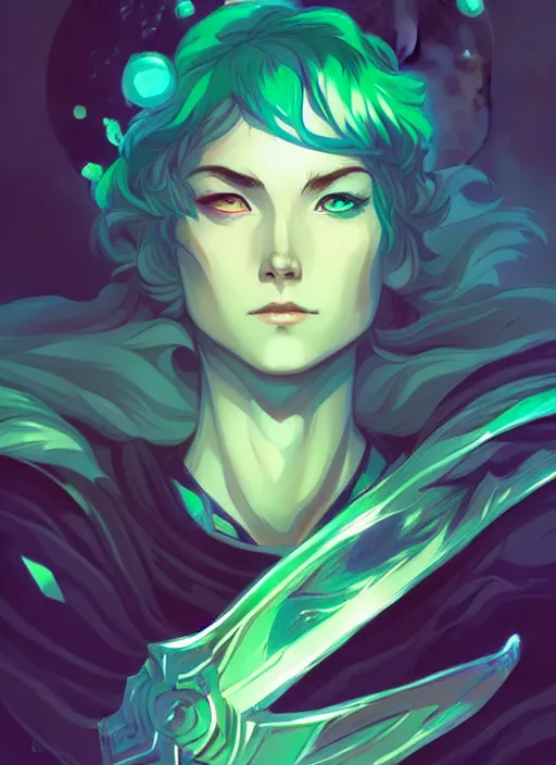 Image similar to style artgerm, joshua middleton, illustration, john krasinski as rune knight wearing green pelt light armor, anime eyes, blue hair, swirling water cosmos, fantasy, dnd, cinematic lighting