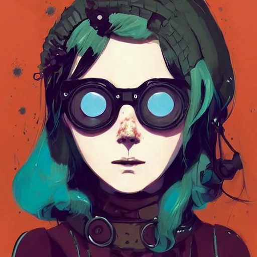 Image similar to Highly detailed portrait of a punk zombie young lady with freckles and shades and blonde wavy hair by Atey Ghailan, by Loish, by Bryan Lee O'Malley, by Cliff Chiang, by Goro Fujita, by Greg Tocchini, inspired by ((image comics)), inspired by nier:automata, inspired by graphic novel cover art !!!cyan, brown, black, yellow and white color scheme ((grafitti tag brick wall background))