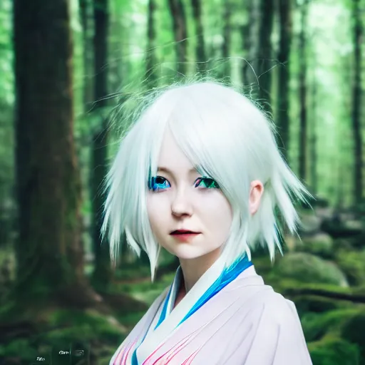 Prompt: portrait of the forest maiden,white hair,manga, shigeto koyama,kyoto animation, Ilya Kuvshinov, bright colors, beautiful, 28mm lens, vibrant, smooth gradation, cinematic, rule of thirds, great composition, intricate, detailed, flat, matte print, sharp