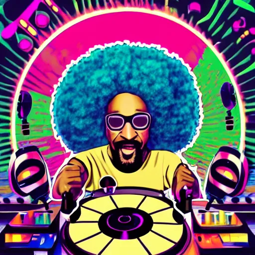 Image similar to svg sticker of a Dancing-Ben-Harper-Snoop-Spike-Lee-with-a-large-Afro-Puff, at a rave, spinning records, giant headphones rocking out, wearing headphones, huge speakers, dancing, rave, DJ, spinning records, digital art, amazing composition, rule-of-thirds, award-winning, trending on artstation, featured on deviantart