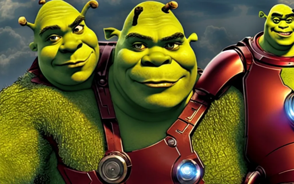 Image similar to shrek in tony stark iron suit