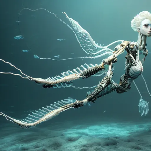 Image similar to biomechanical mecha white mermaid underwater, rays of light. Style of westworld, cables, lights, searchlight, weta digital, octane render, insane details, ultra realistic, beatifully lit, reflections