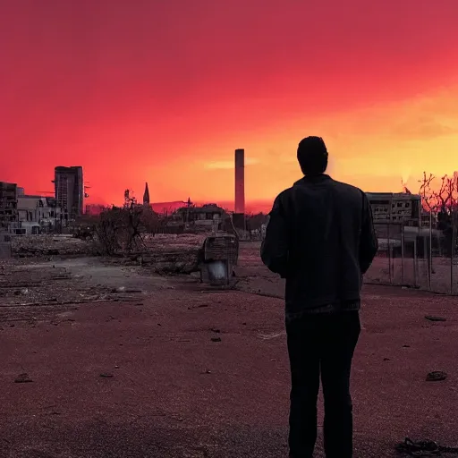 Image similar to man watching a ruined post-apocalyptic city under red sky