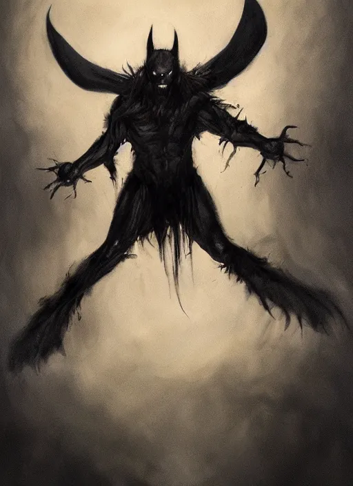 Prompt: sinister male, concept art, horror, body is covered in bat - fur, he has wings and flies on a moonlit night, dynamic pose, top lighting, realistic shaded, pastel shades, expressively loose brush strokes, perfect face, 8 k realistic, hyper detailed, digital painting, artstation, art by michael whelan