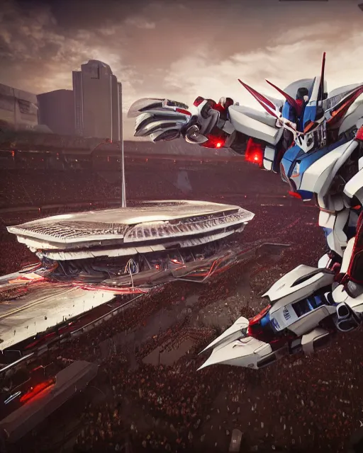 Prompt: establishing shot, a futuristic stadium with a giant gundam, unreal engine, hyper realism, realistic shading, cinematic composition, realistic render, octane render, detailed textures, photorealistic, ultrawide shot, 3 5 mm film