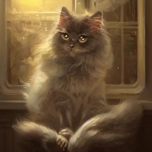 Prompt: Persian Cat, dark light night, intricate, elegant, sharp focus, illustration, highly detailed, digital painting, concept art, matte, art by WLOP and Artgerm and Greg Rutkowski and Alphonse Mucha, masterpiece