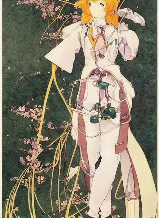 Image similar to a copic maker art nouveau portrait of a japanese anime girl detailed features wearing weeding puffy dress and a pilot suit designed by balenciaga by john berkey, norman rockwell akihiko yoshida