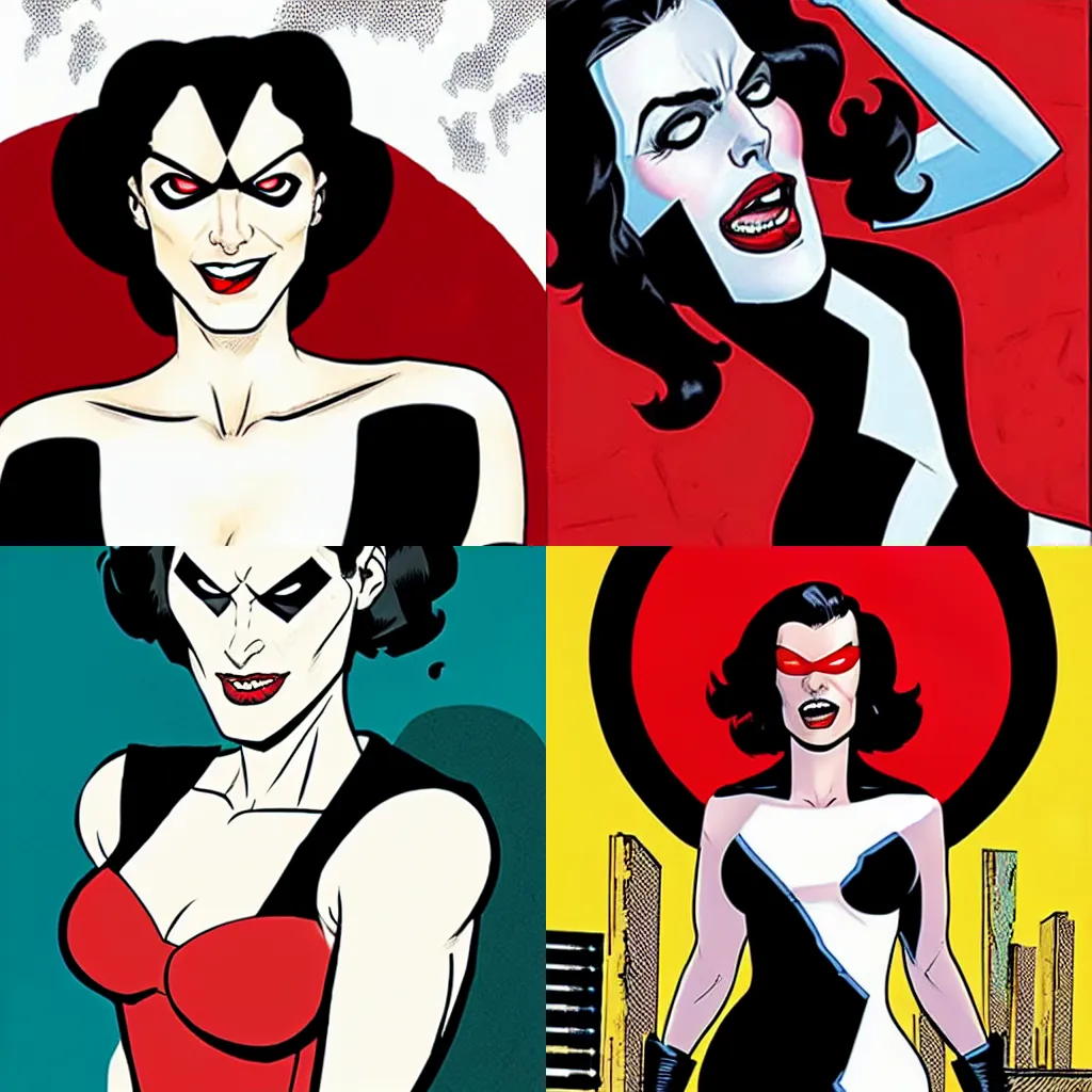 Prompt: in the style of Rafael Albuquerque, very Pale white skin, Domino marvel comics, asymmetrical black spot over left eye, wearing a red dress, smile