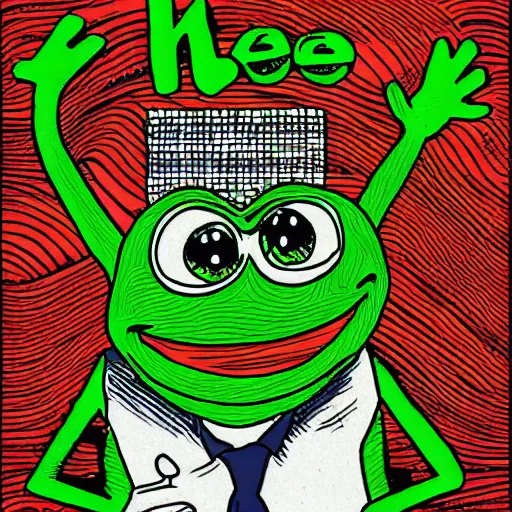 Image similar to pepe the frog in a world by maximillian lenz