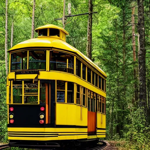 Image similar to Yellow oldschool Tram in a forest, 8k UHD, high quality, studio photo,