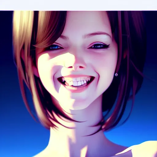 Image similar to youth kim beckinsale laughing softly, occlusion shadow, specular reflection, rim light, unreal engine, range murata, artstation, pinterest, art by hiroaki samura and ilya kuvshinov and rossdraws, intricate, highly detailed 8 k, art deco illustration, realistic, extremely beautiful shape of face, neck, shoulders eyes