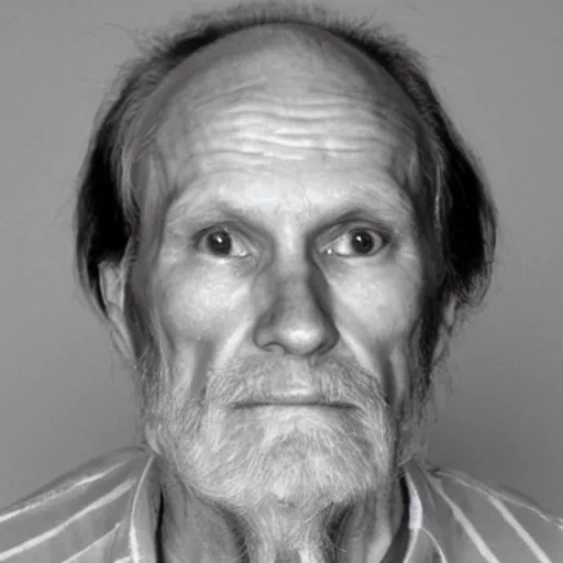 Image similar to A mugshot portrait of a old man who looks like Jerma985 with a receding hairline and short mid-length wavy hair, wearing mid-1980s menswear in the late 2008, taken in the late 1980s, grainy, realistic, hyperrealistic, very realistic, highly detailed, very detailed, extremely detailed, detailed, trending on artstation, front facing, front view, headshot and bodyshot, detailed face, very detailed face