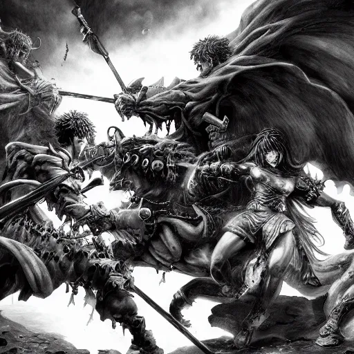Image similar to the battle of two huge armies in the style of kentaro miura, 4 k, 8 k, absolute detailing of even the smallest details and particles, beautiful shadows, beautiful art, black and white drawing