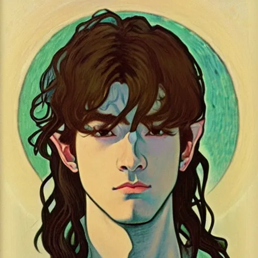 Image similar to painting of young handsome beautiful paladin elf!! man with long! wavy dark hair in his 2 0 s named taehyung minjun at the blueberry party, wearing armor!, long hair, elf ears, elegant, clear, painting, stylized, delicate, soft facial features, art, art by alphonse mucha, vincent van gogh, egon schiele,