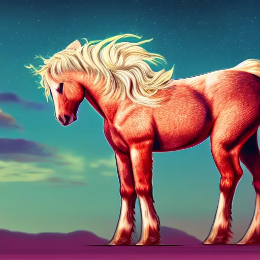 Prompt: digital horse, retrowave palette, highly detailed, anatomically correct equine, synth feel, smooth face, shorter mane, ear floof, flowing mane, no reins, super realism, accurate animal imagery, 4 k digital art