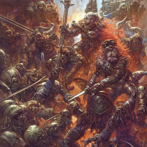 Image similar to art by donato giancola and bayard wu and gustav moreau and wayne barlowe, a fantasy cinematic close up shot of a dwarf berserker, fighting a horde of rats, warhammer, dnd, fighting monsters,