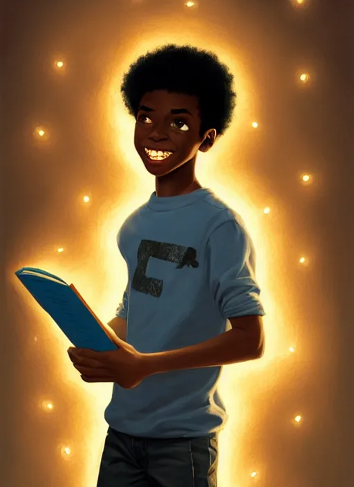 Image similar to portrait of teenage chuck clayton, black teenage boy, very short curly hair, very short hair, square jaw, slight excited smile, reading archie comic book, intricate, elegant, glowing lights, highly detailed, digital painting, artstation, concept art, smooth, sharp focus, illustration, art by wlop, mars ravelo and greg rutkowski