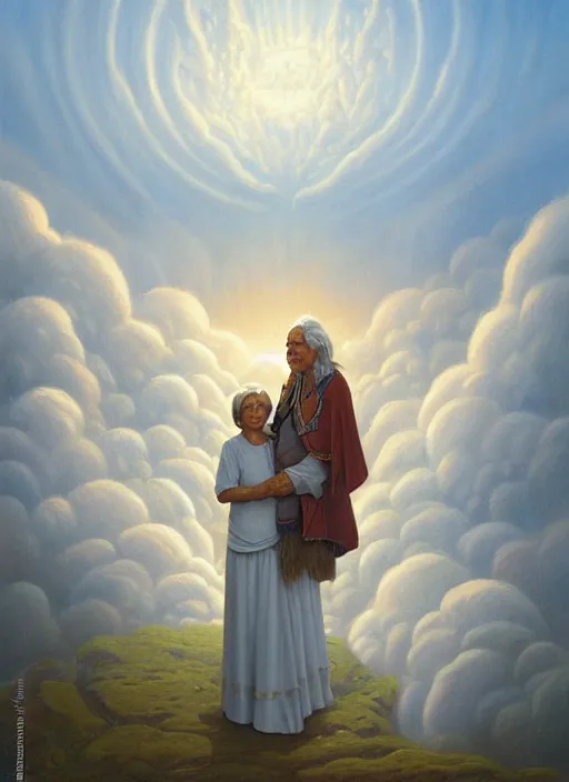 Prompt: portrait of an indigenous grandfather and grandmother in the clouds, smiling, protection, benevolence, ancestors, art by christophe vacher